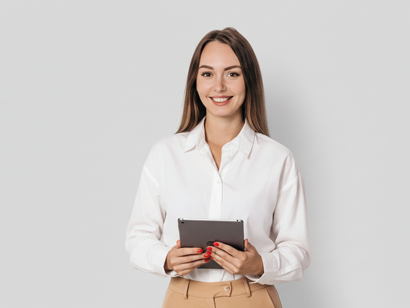 Femeie zâmbitoare ținând o tabletă, ilustrând serviciile PlusCredit pentru linie de credit.