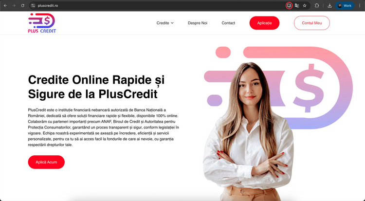 Pagina principală PlusCredit afișată într-un browser pe desktop, pentru a începe instalarea aplicației - pasul 1.