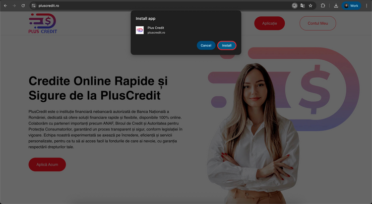 Fereastra de instalare a aplicației PlusCredit afișată în browser pe desktop, unde utilizatorul confirmă instalarea - pasul 2.